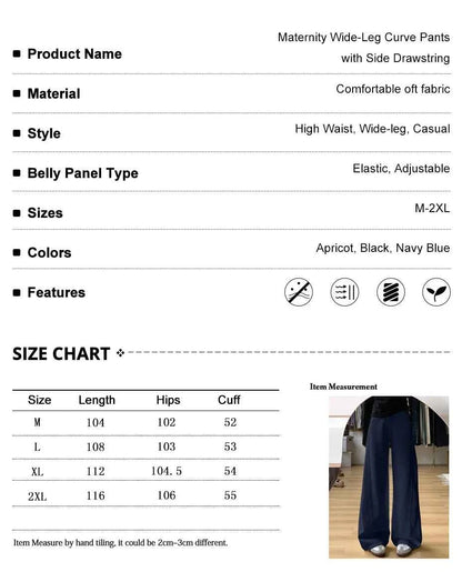 Drawstring Adjustable Maternity Wide-Leg Curve Pants High Waist Belly Support Retro Baggy Trousers for Spring Autumn 3 Colors