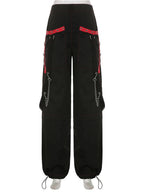 Cyber Punk Unisex Cargo Wide Leg Pants Chain Bandage Ruched Tie Capris Pants Women Gothic Baggy Trousers BF Hippie Grunge Jogger SS69