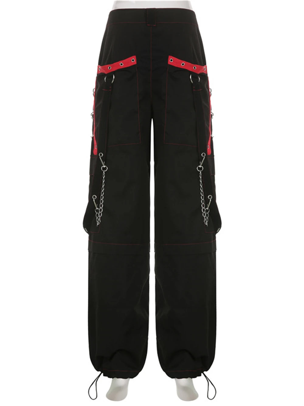 Cyber Punk Unisex Cargo Wide Leg Pants Chain Bandage Ruched Tie Capris Pants Women Gothic Baggy Trousers BF Hippie Grunge Jogger SS69