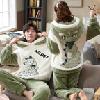 Adult Winter Thicken Sleepwear Pajamas Set Women Coral Fleece Pyjama Cartoon Deer Panda Hooded Homewear Loungewear Pijamas Suit