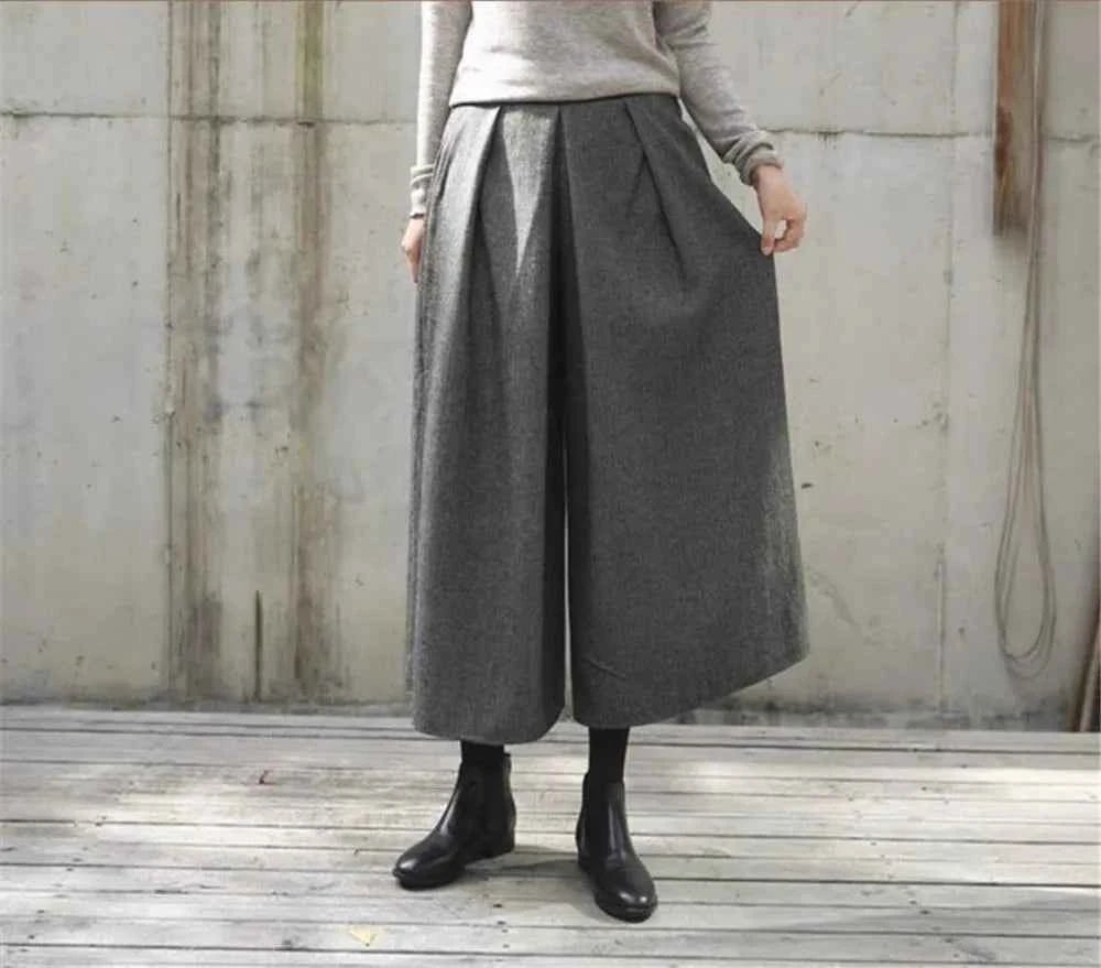 Loose Woolen Wide Leg Skirts Pants Women Pleated Casual Pants Winter Autumn Straight Trousers Elastic High Waist Fat Leg Pants