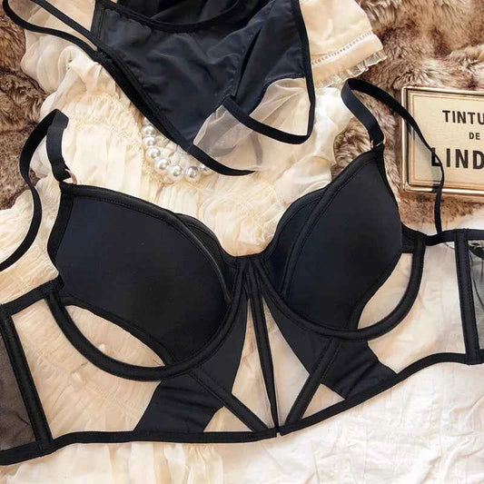 French Thin Cup Women Lingerie Set Sexy Hollow Lace Bra Set Summer Mesh Comfort Breathable Underwear Fish Bone Tops Intimates