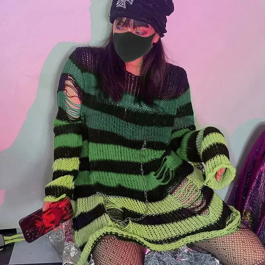 2024 Purple Striped Gothic Sweaters Women Ripped Holes Loose Knitted Pullover Frayed Fairy Grunge Jumpers Emo Streetwear Lolita SS69 14.69 Green Gradient / One Size