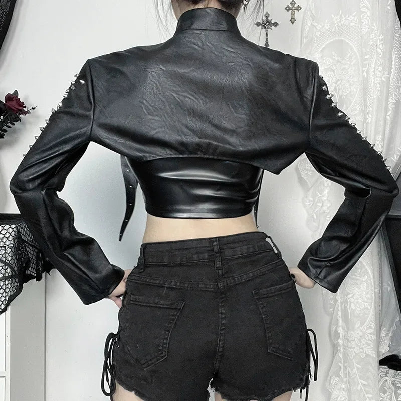 Punk Faux Leather Cropped Jacket with Rivets - Women's Streetwear