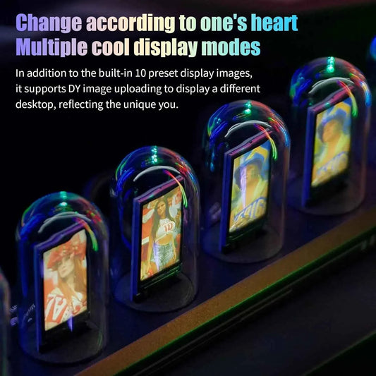 USB Powered RGB Nixie Tube Clock with IPS Color Screen, Corded Electric Aluminum Oval Alarm Clock with Charging Port, Metal Fram