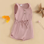 2024-12-04 Lioraitiin Litter Girls Summer Casual Jumpsuit Sleeveless Crewneck Solid Color Drawstring Tank Romper - SS69 