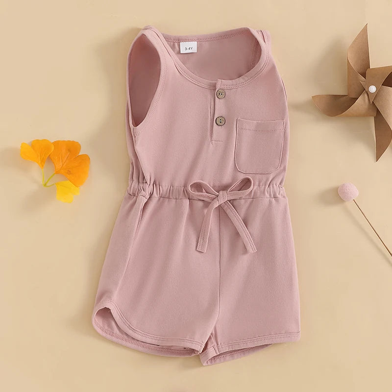 2024-12-04 Lioraitiin Litter Girls Summer Casual Jumpsuit Sleeveless Crewneck Solid Color Drawstring Tank Romper - SS69 