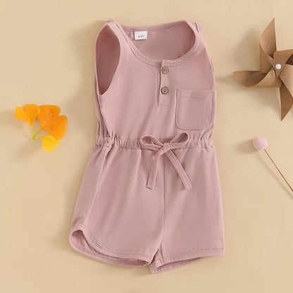 2024-12-04 Lioraitiin Litter Girls Summer Casual Jumpsuit Sleeveless Crewneck Solid Color Drawstring Tank Romper - SS69 