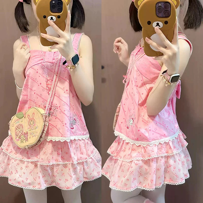 Y2K Women clothing Sweet Tanks Summer 2025 Cute Bow Strap Vest Casual Cartoon Print Camis Fashion Y2k Crop Suspender Lace Tops SS69