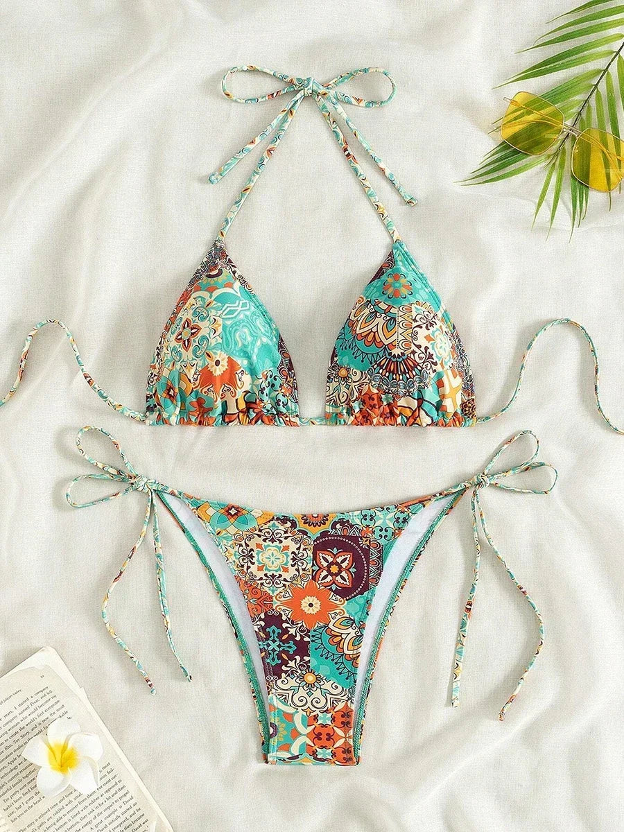 Swimsuit 2025 Female Micro Bikini Women Swimwear Summer Beachwear Women's Bathing Suit Floral Print Neck Halter Thong Bikini Set SS69