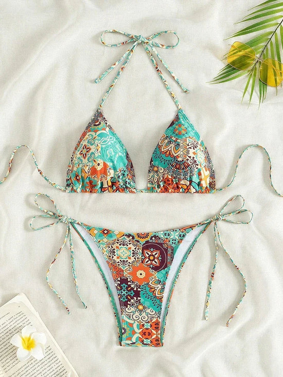 Swimsuit 2025 Female Micro Bikini Women Swimwear Summer Beachwear Women's Bathing Suit Floral Print Neck Halter Thong Bikini Set SS69