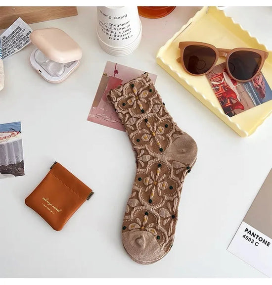 Cotton Fashion Korea Harajuku Retro Floral Vintage Woman Socks Novelty Ethnic Elegant Casual Ladies Girls Dress Brown Sox Autumn SS69 8.69 LYYZ3H2 / 35 - 40