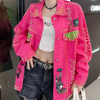 Women Graffiti Printed Rivets Denim Jacket Loose Holes Diamonds Jeans Coat Sequined Cowboy Ripped Streetwear Cardigan Ins Tops SS69 38.69 Pink / S