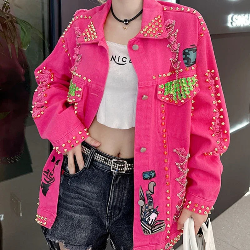 Women Graffiti Printed Rivets Denim Jacket Loose Holes Diamonds Jeans Coat Sequined Cowboy Ripped Streetwear Cardigan Ins Tops SS69 38.69 Pink / S