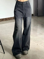 Korean Vintage High Waist Women's Jeans Y2K Slimming Pear-Shaped Loose Straight Bell Bottoms Black Gray Baggy Denim Trousers SS69