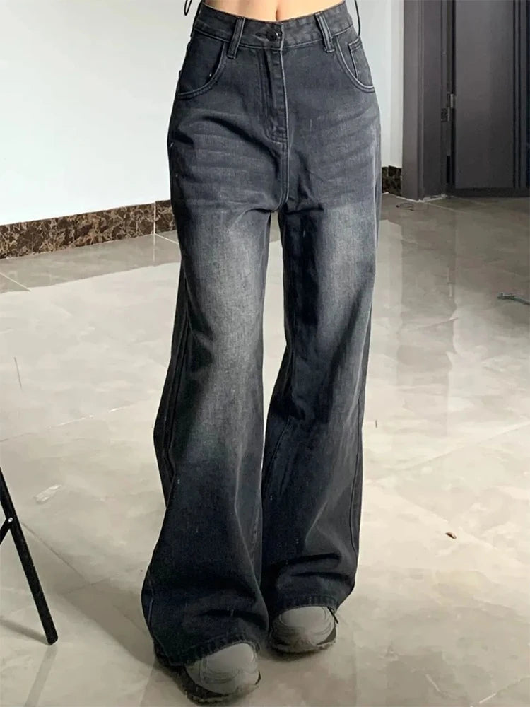 Korean Vintage High Waist Women's Jeans Y2K Slimming Pear-Shaped Loose Straight Bell Bottoms Black Gray Baggy Denim Trousers SS69