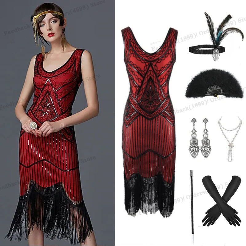 1920s Gatsby Dress 20s Flapper Girl Fancy Retro Sleeveless Sequins Embroidered Tassels Party Dress With Fan Necklace Accessories SS69
