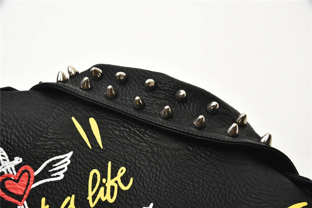 Fashion chain beading leather jacket Locomotive graffiti cartoon pu Leather Jacket female Punk Motorcyle Jacket with belt F2161 SS69