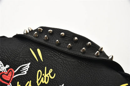 Fashion chain beading leather jacket Locomotive graffiti cartoon pu Leather Jacket female Punk Motorcyle Jacket with belt F2161 SS69