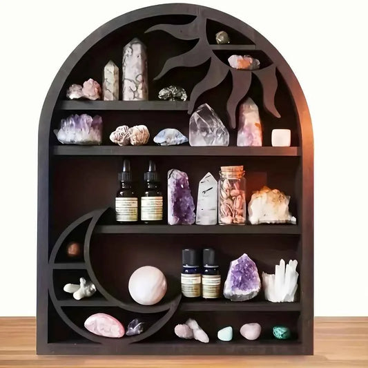 Vintage Wooden Floating Shelves With Sun And Moon Design, Wall Hanging Storage For Crystals,  For Various Room Types