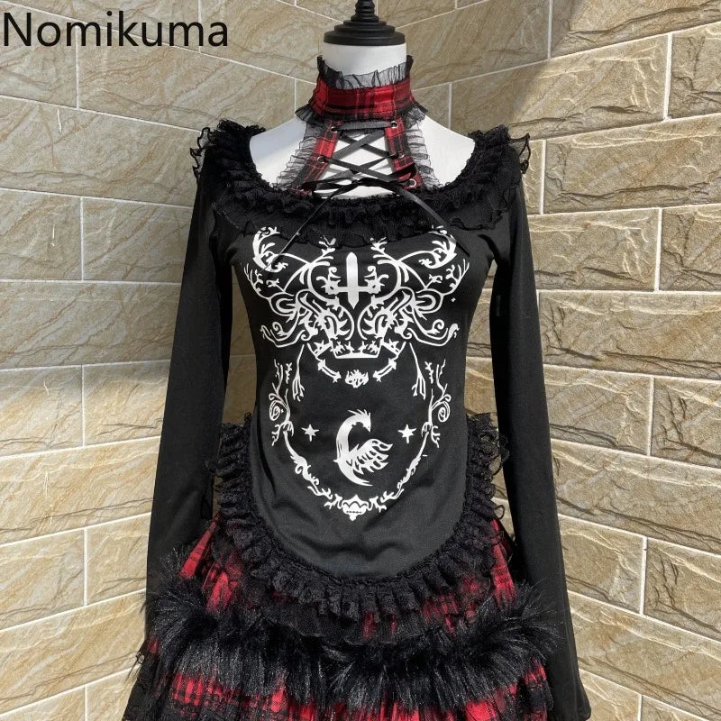 Japanese Gothic Woman Tshirts Y2k Tops Slim Waist Bandage Tees Patchwork Lace Print Long Sleeve Black T Shirt 2025 Ropa Mujer SS69