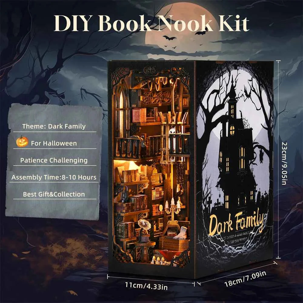 Book Nook Kit Dark Family DIY Wooden Puzzle Gothic style Halloween Bookshelf Dollhouse Model Bookend Building Home Decoration
