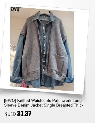 [EWQ] Vintage Long Sleeve Denim Pockets Patchwork V-Neck Orange-red Sweater Loose Tops Old Designs Women Pullover Knitted 6U1329 SS69