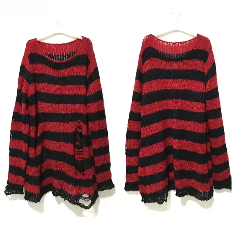 New Women's Punk Gothic Oversized Pullover Sweater Striped Hollow out Cool Harajuku Aesthetics Spring Autumn