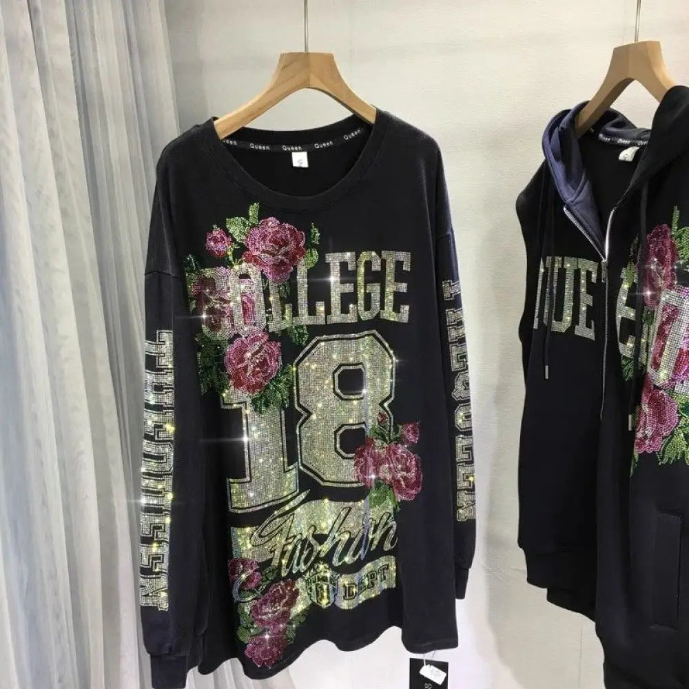 L-4XL 150kg Luxury Diamond Stamping Women's Plus Size Sweatshirts Aesthetics Art Female Pullovers Vintage Winter Lady Sweatshirt SS69
