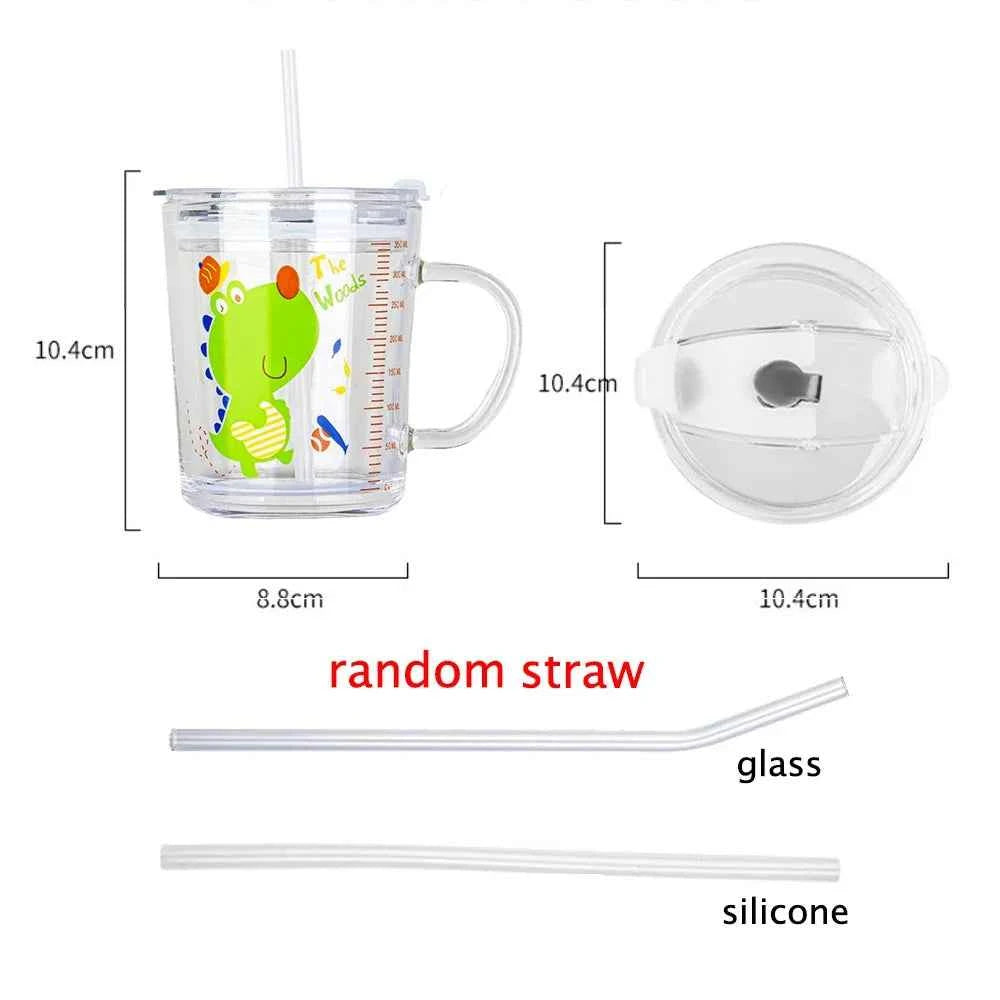 350ml Cute Unicorn Children Milk Cup With Scale Transparent Breakfast Cup With Straw Lid Cartoon Glass Cup For Kids Drinkware