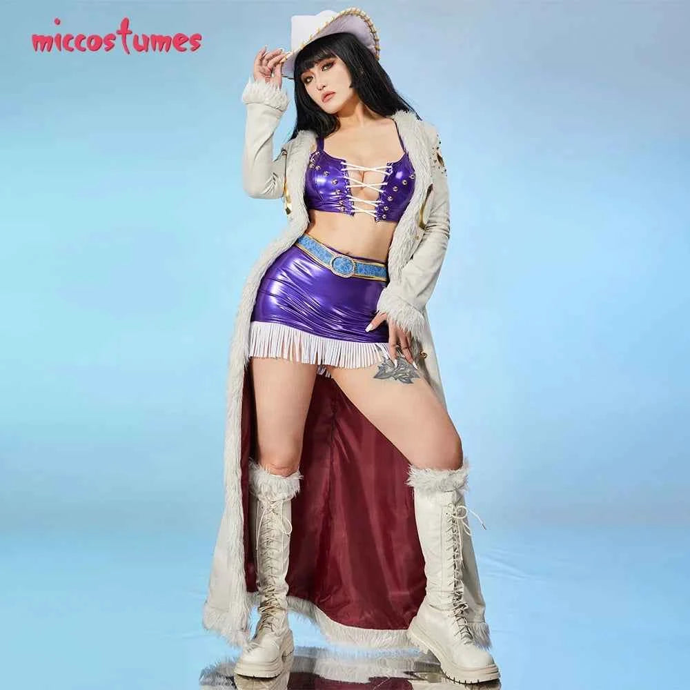 Miccostumes Women's Anime Cosplay Costume Bra and Miniskirt with Long Coat and Hat Halloween Cosplay Costumes