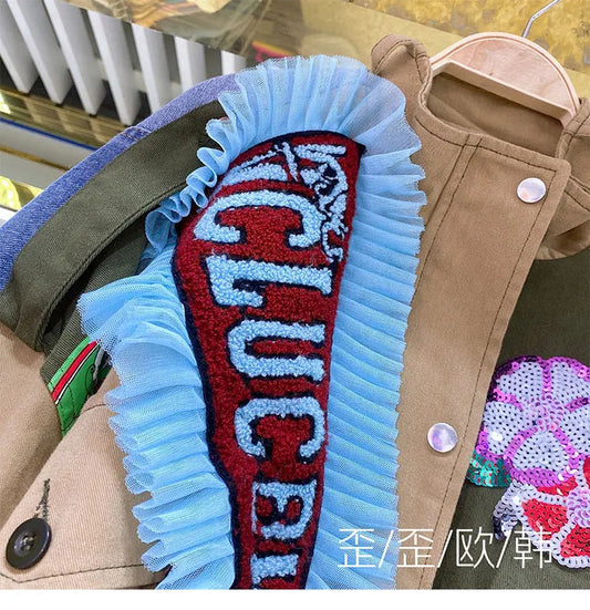 Women Floral Embroidery Sequined Trench Coats Mesh Spliced Ruffles Denim Jacket Hairballs Tassels Jeans Cardigan Streetwear Tops SS69