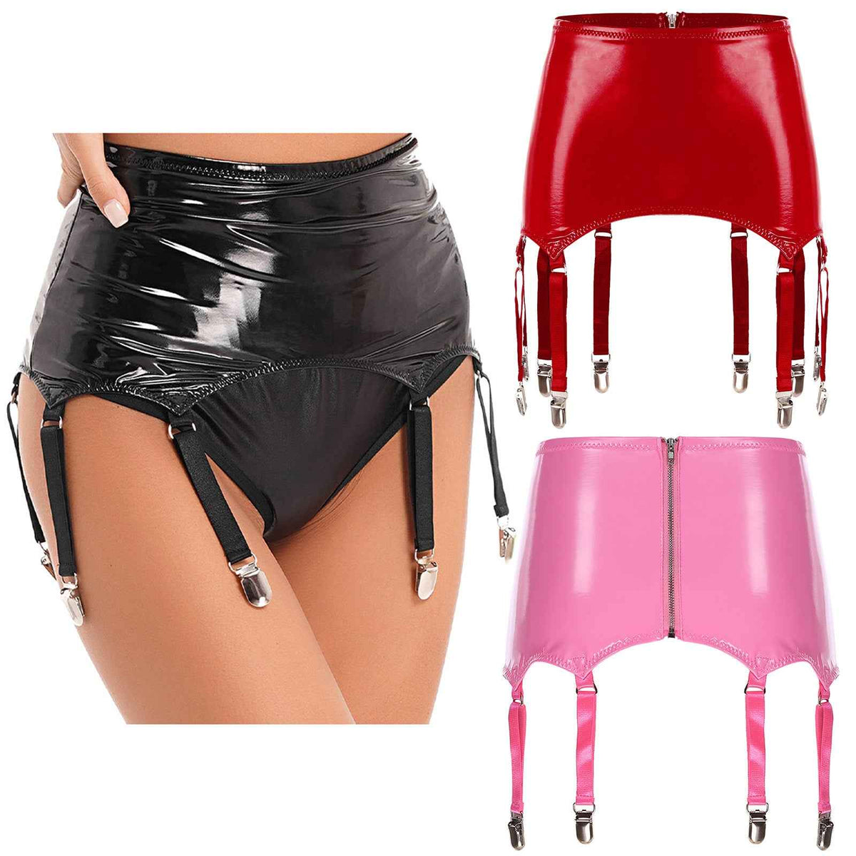 Womens Garters Suspender Belt Skirts Ladies Wet Look Mini Skirts Leather Garters with Metal Clips Clubwear Costume Underwear