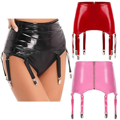 Womens Garters Suspender Belt Skirts Ladies Wet Look Mini Skirts Leather Garters with Metal Clips Clubwear Costume Underwear