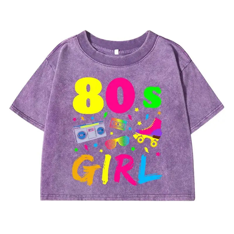 80 S Girl Colorfulprinting Female Washed Short Tshirt Breathable Summer T Shirt Casual Fashion Midriff-Baring Distress Tops SS69 27.69 Purple / S