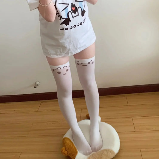SS69 Japanese Kawaii Expression Thigh High Socks - White Plaid Over Knee