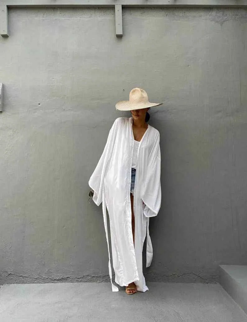 Solid Beach Cover Up Women Self Belted Wrap Kimono Dress Swimsuit 2025 New Robe Summer Beachwear Factory Supply