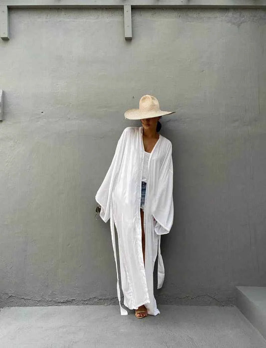 Solid Beach Cover Up Women Self Belted Wrap Kimono Dress Swimsuit 2025 New Robe Summer Beachwear Factory Supply