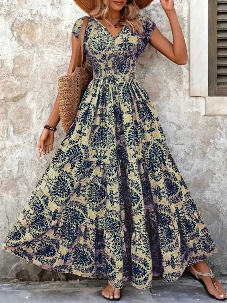 Vintage Floral Print V-Neck Maxi Dress - Women's Retro Gown