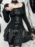 AltGoth Aesthetic Goth T-shirt Women Hotsweet Y2k E-girl 2000s Streetwear Lace Patchwork Square Collar Long Sleeve Crop Tee Tops - SS69