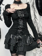 AltGoth Aesthetic Goth T-shirt Women Hotsweet Y2k E-girl 2000s Streetwear Lace Patchwork Square Collar Long Sleeve Crop Tee Tops - SS69