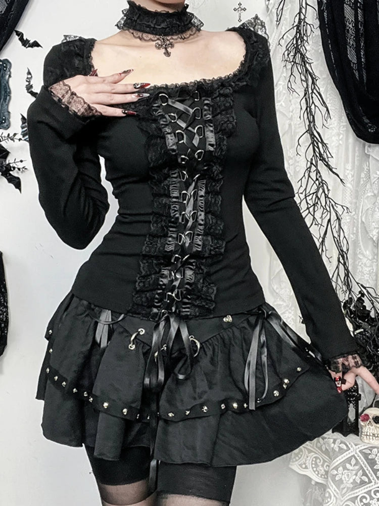 AltGoth Aesthetic Goth T-shirt Women Hotsweet Y2k E-girl 2000s Streetwear Lace Patchwork Square Collar Long Sleeve Crop Tee Tops - SS69