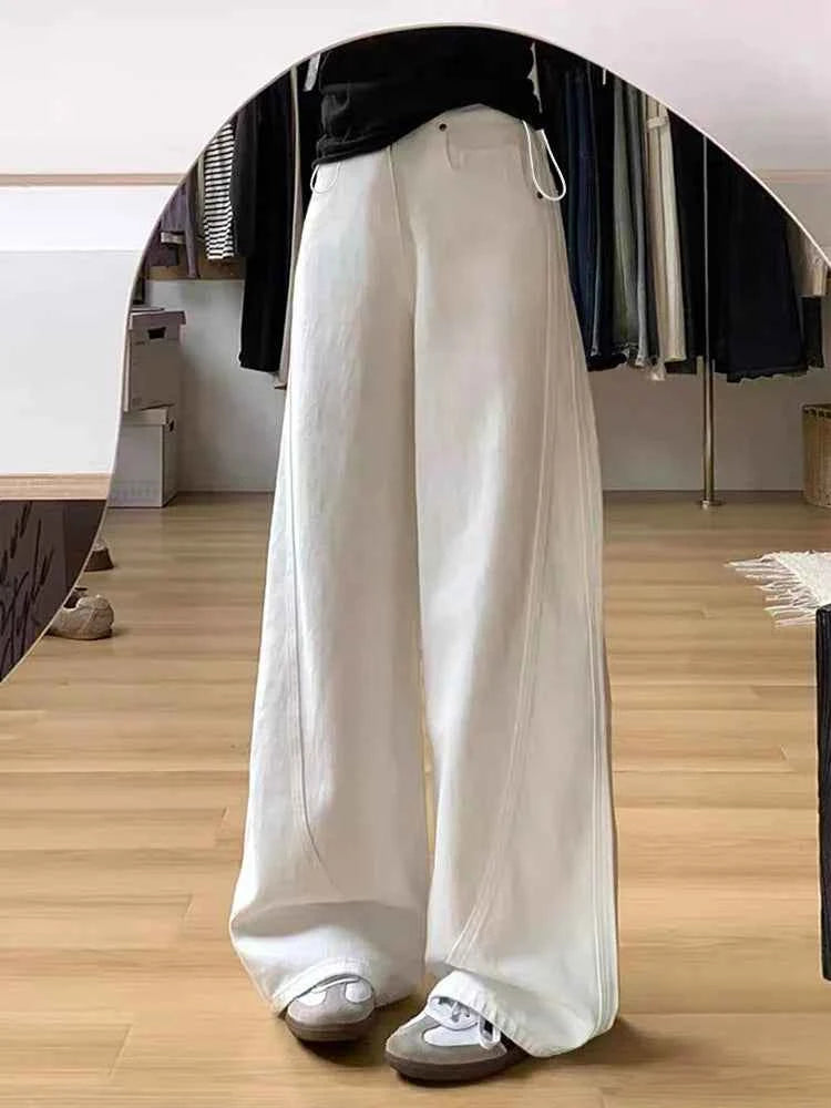Drawstring Adjustable Maternity Wide-Leg Curve Pants High Waist Belly Support Retro Baggy Trousers for Spring Autumn 3 Colors