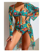 Size S-3XL Bikini Three Pieces Floral Printed Swimsuit Women Bikini Set With Mesh Long-Sleeved Blouse,Bra Top with Pad Swimwear SS69