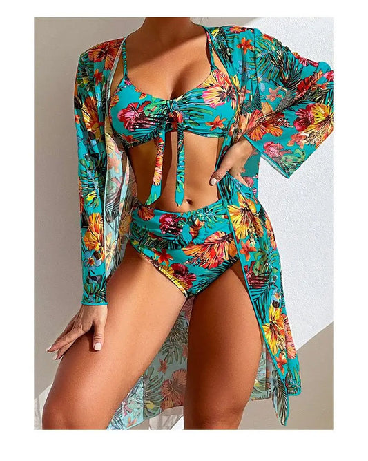 Size S-3XL Bikini Three Pieces Floral Printed Swimsuit Women Bikini Set With Mesh Long-Sleeved Blouse,Bra Top with Pad Swimwear SS69