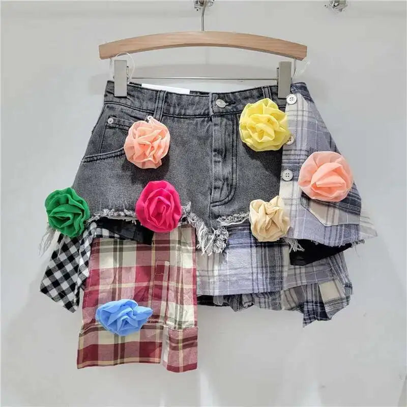 DEAT Women's Denim Skirt Colored Plaid Patchwork Irregular Deconstructed A-line High Waist Mini Skirt 2025 Summer New Fashion SS69 44.69 colored flowers grey / S