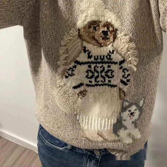 Limited Edition Autumn Winter Knitwear Embroidered Anti-Aging Crew Neck Sweater American Style Versatile Old Money Split Haier