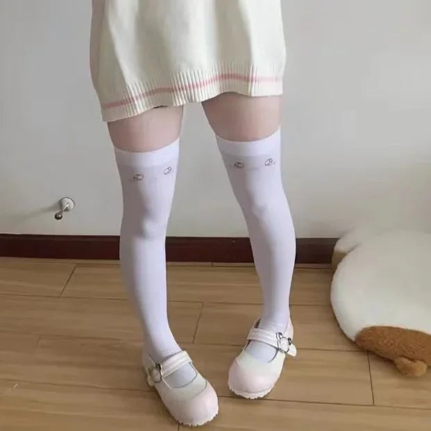 SS69 Japanese Kawaii Expression Thigh High Socks - White Plaid Over Knee