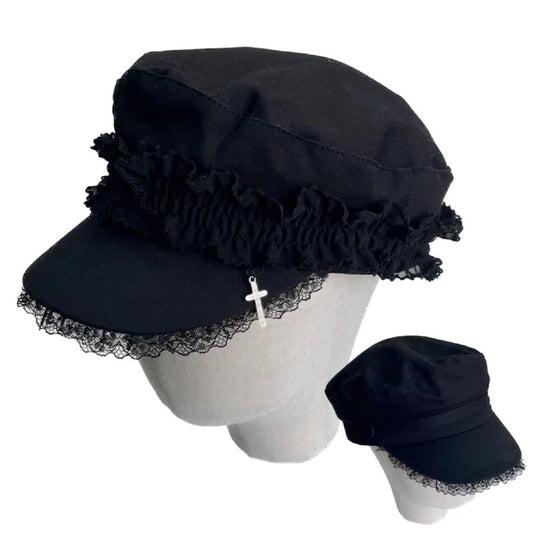Japanese Women Double Layers Lace Beret Cap Fashion 2000s Girls Gothic Punk Cross Pendant Octagonal Hat Street Photography Hat SS69