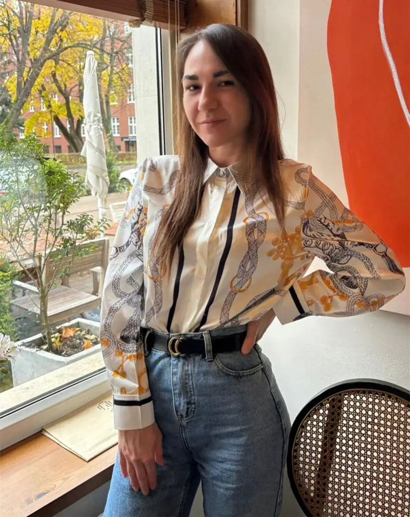 Camisas Newest Exclusive Women Luxury Shirt Long Sleeve Lapel Satin Shirt Old Money Print Brand Design Shirt OL Blouse руба